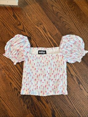 Katie J NYC White Cropped Smocked Top with Pink Floral